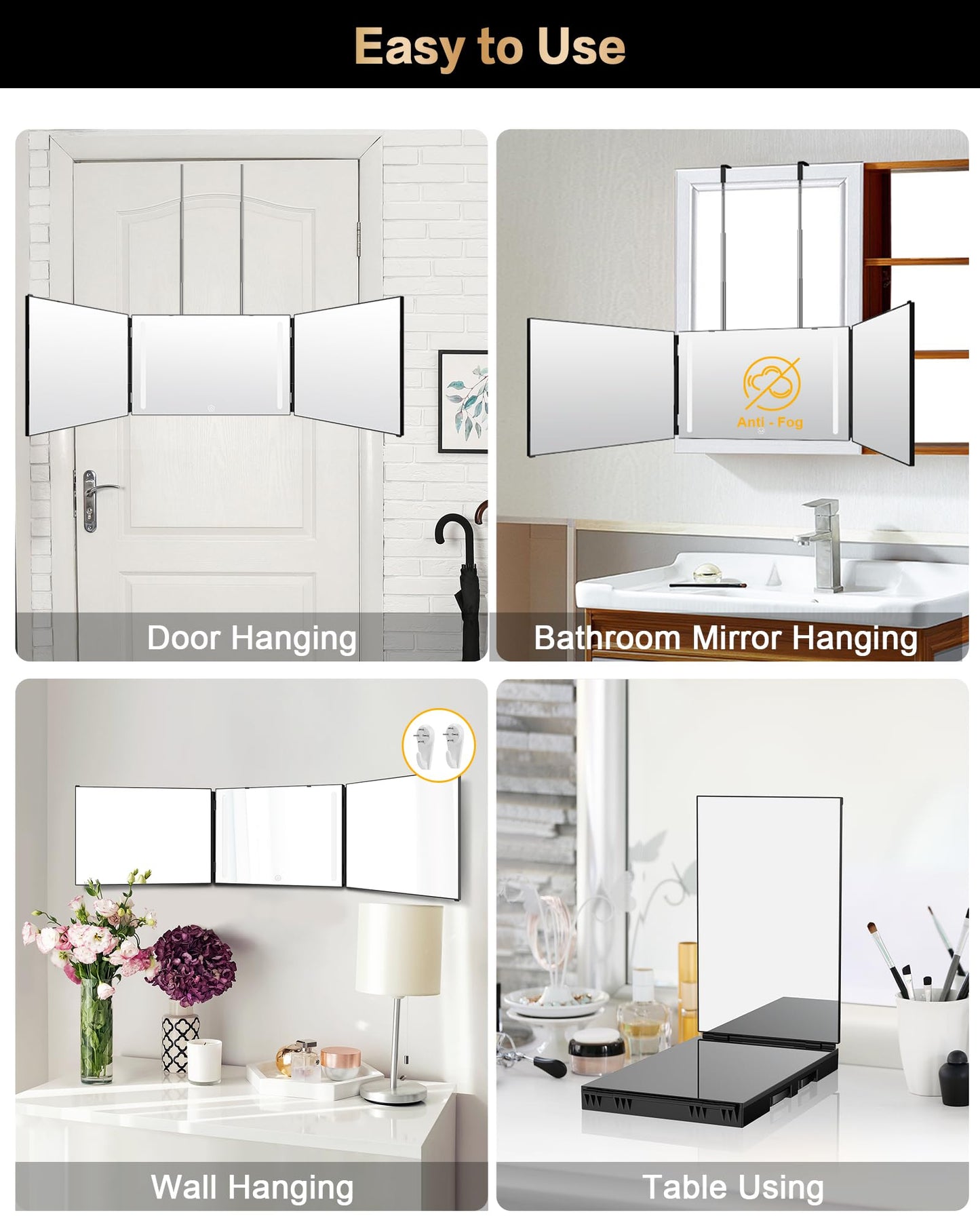 JUSRON 3 Way Mirror for Self Hair Cutting 360 Viewing Angle Self Hair Cutting Mirror, Clear Anti-Fog HD Glass