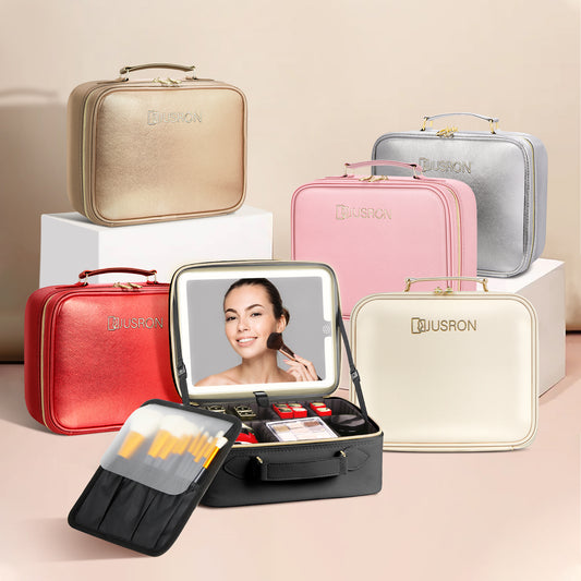 JUSRON Travel Makeup Bag Cosmetic Bag with Lighted Mirror 3 Color Scenarios Adjustable Brightness