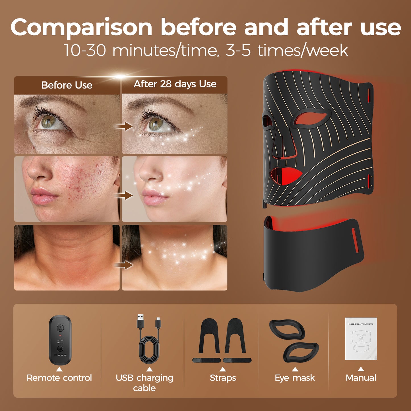 Red Light Therapy for Face,LED Face Mask Light Therapy with Neck Device,103 3-in-1 Light Beads,Remoter Rechargeable,Timing Function,Infrared Red Light Therapy Mask for Home (Maroon)