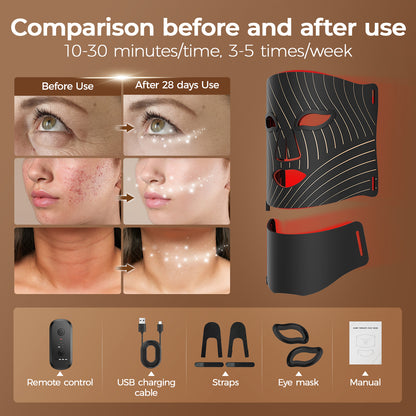 Red Light Therapy for Face,LED Face Mask Light Therapy with Neck Device,103 3-in-1 Light Beads,Remoter Rechargeable,Timing Function,Infrared Red Light Therapy Mask for Home (Maroon)