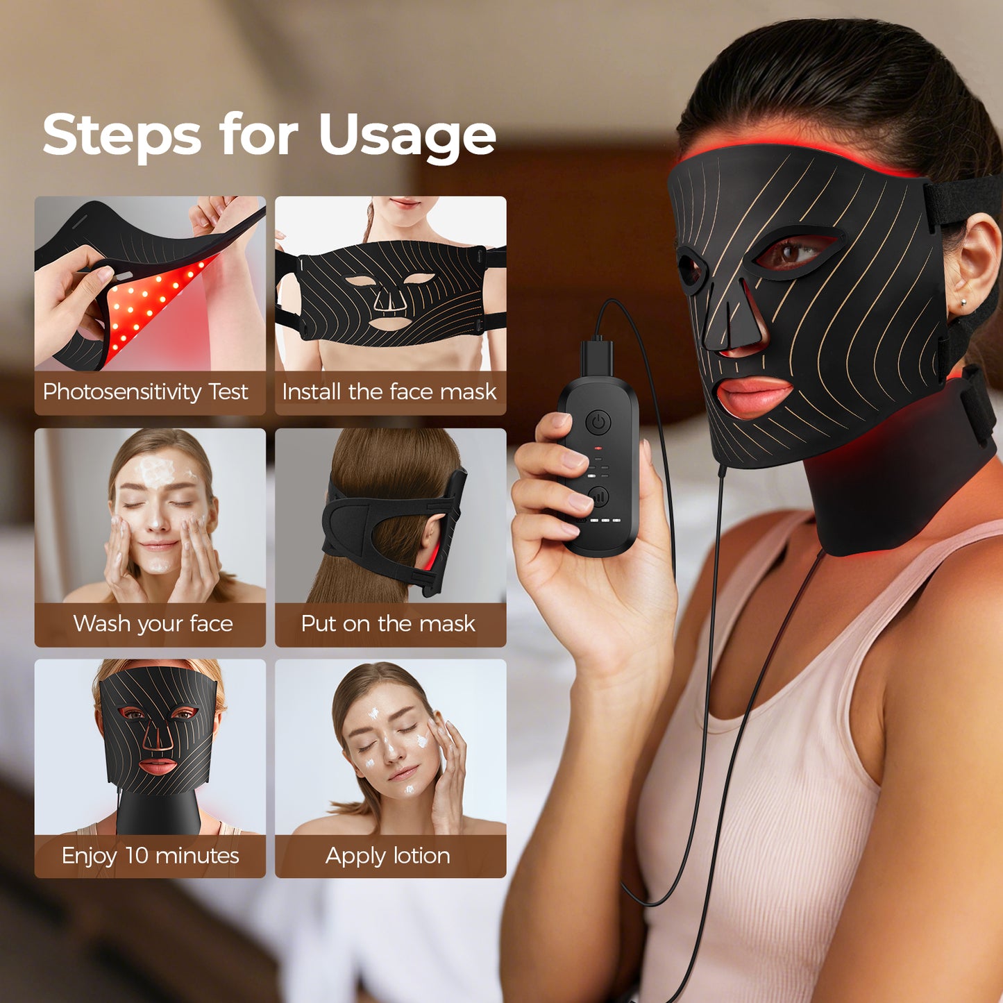 Red Light Therapy for Face,LED Face Mask Light Therapy with Neck Device,103 3-in-1 Light Beads,Remoter Rechargeable,Timing Function,Infrared Red Light Therapy Mask for Home (Maroon)