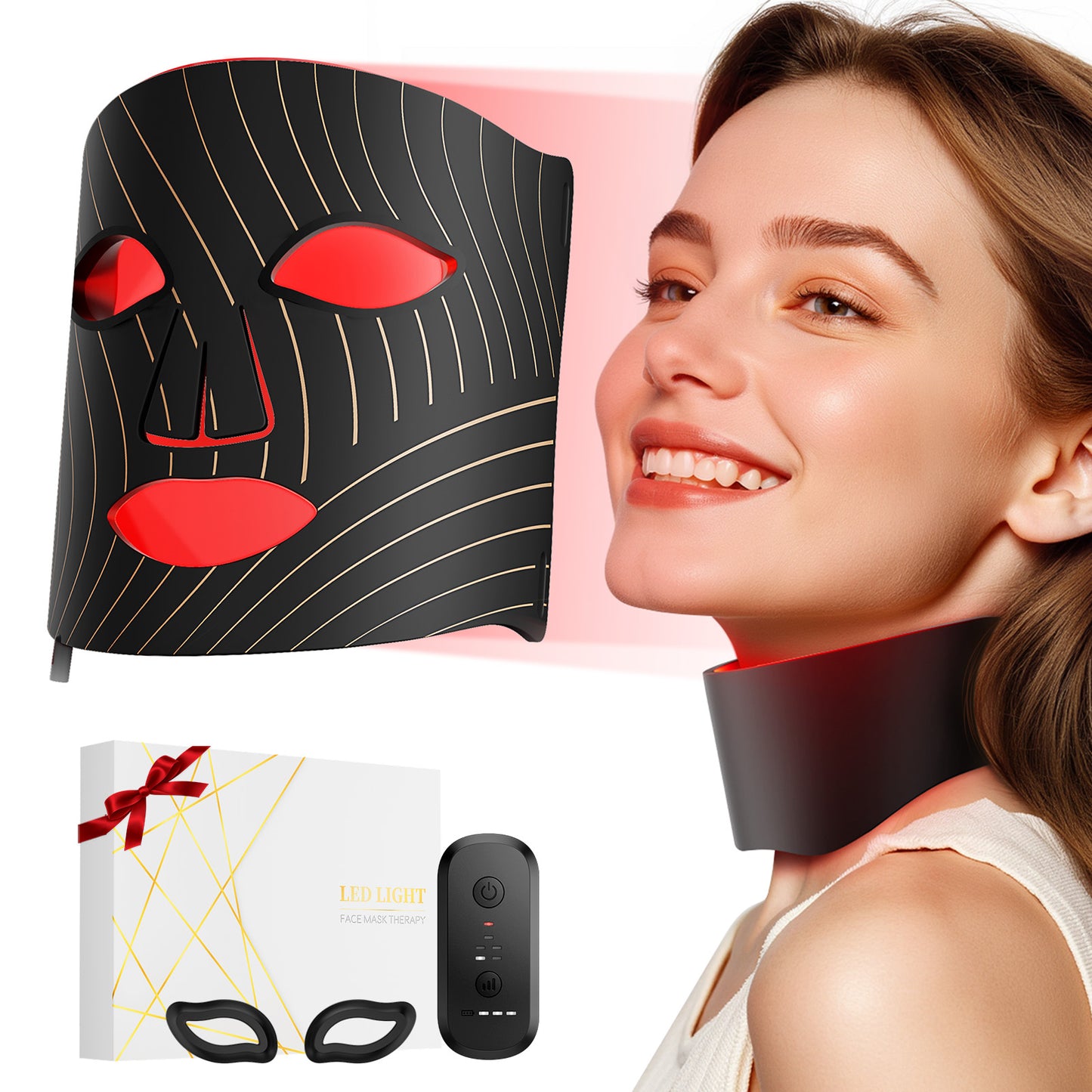 Red Light Therapy for Face,LED Face Mask Light Therapy with Neck Device,103 3-in-1 Light Beads,Remoter Rechargeable,Timing Function,Infrared Red Light Therapy Mask for Home (Maroon)