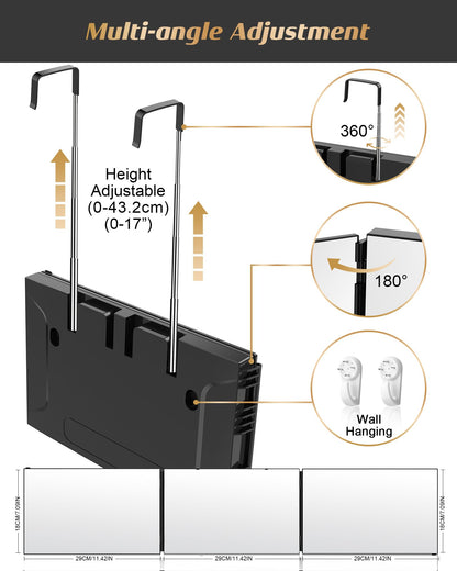 JUSRON 360 Viewing Angle Self Hair Cutting Mirror, Clear Anti-Fog HD Glass (Black Without LED with Accessories)