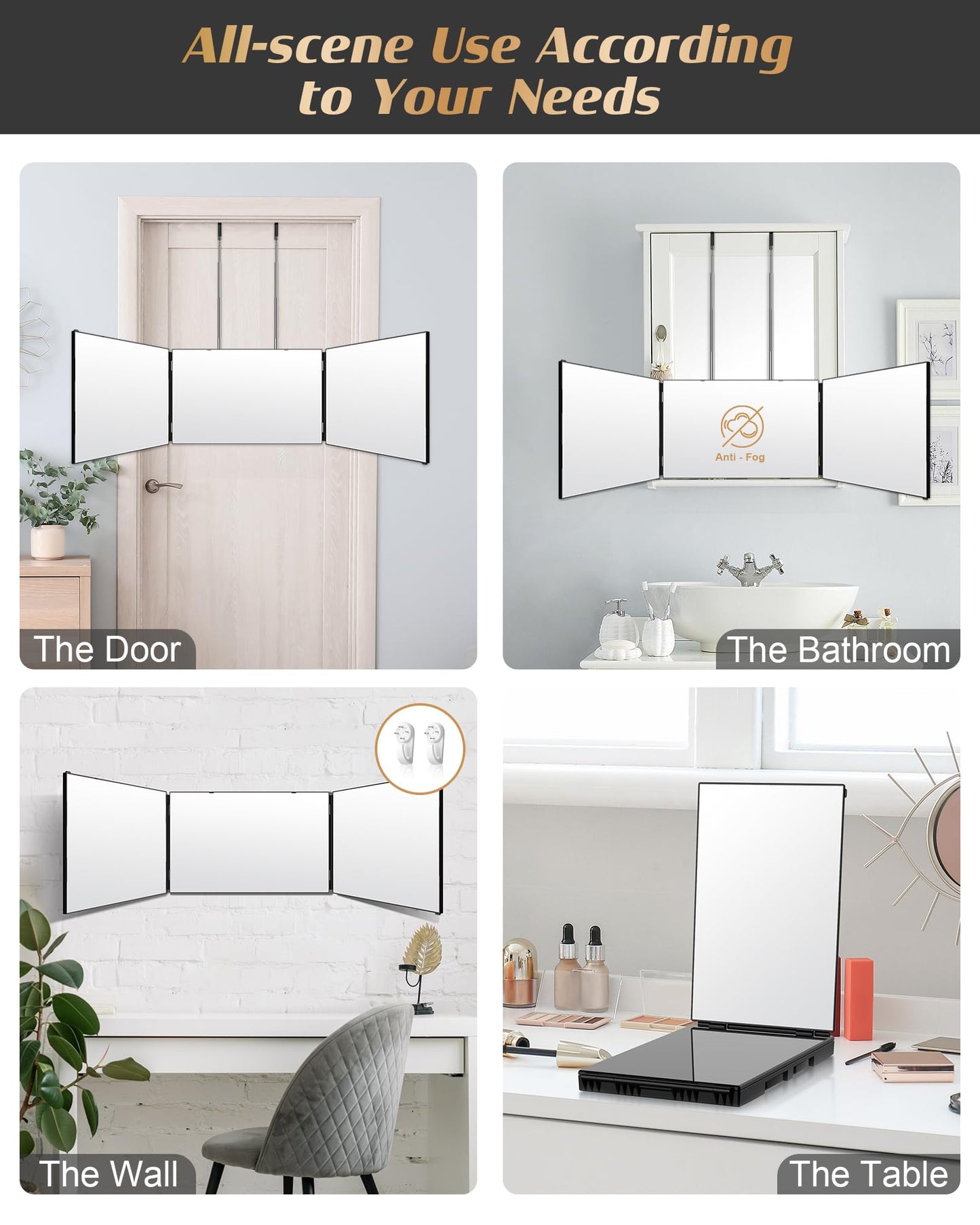 JUSRON 360 Viewing Angle Self Hair Cutting Mirror, Clear Anti-Fog HD Glass (Black Without LED with Accessories)