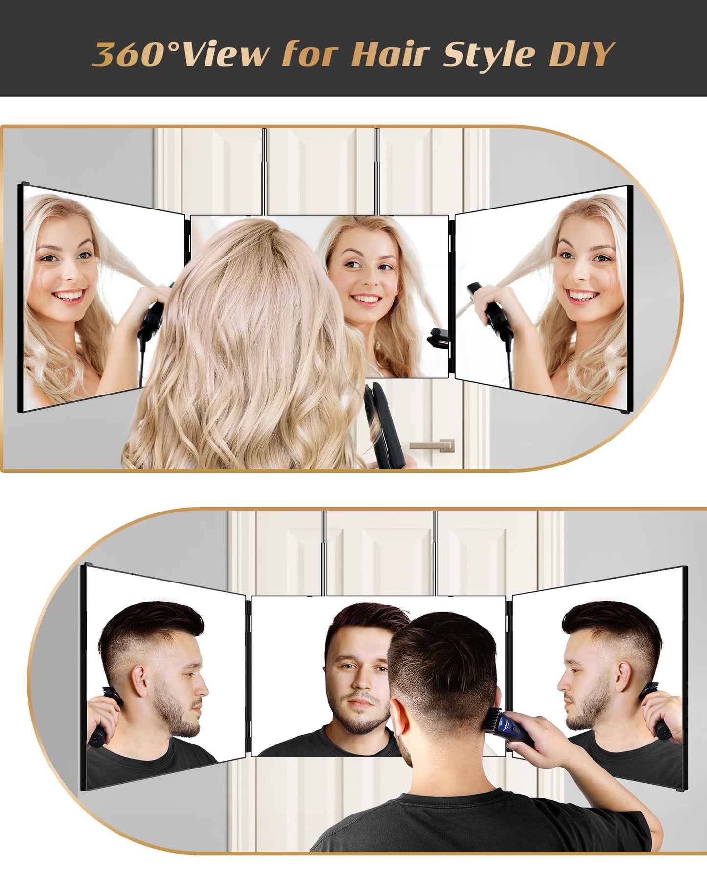 JUSRON 360 Viewing Angle Self Hair Cutting Mirror, Clear Anti-Fog HD Glass (Black Without LED with Accessories)